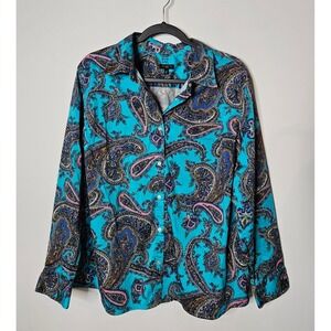 Talbots Teal Paisley Funky Button Down Shirt Long Sleeve Blouse Top Turquoise 2X
